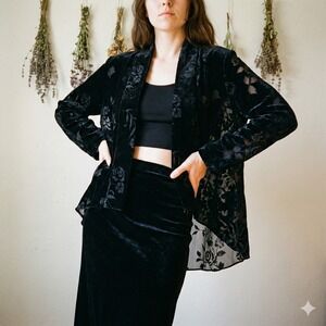 Vintage 90s Cachet Velvet Burnout Cardigan Womens Medium Black Kimono Goth Witch